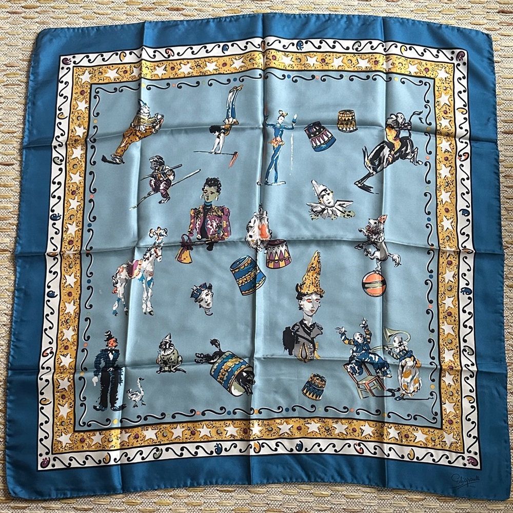 Vintage Schiaparelli Blue Silk Scarf with Circus Print, 1980s